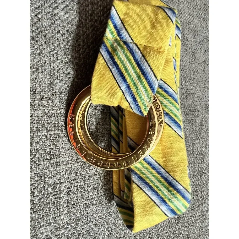 LAUREN RALPH LAUREN 100% Linen Double O Gold Tone Yellow Blue Green Stripes Belt